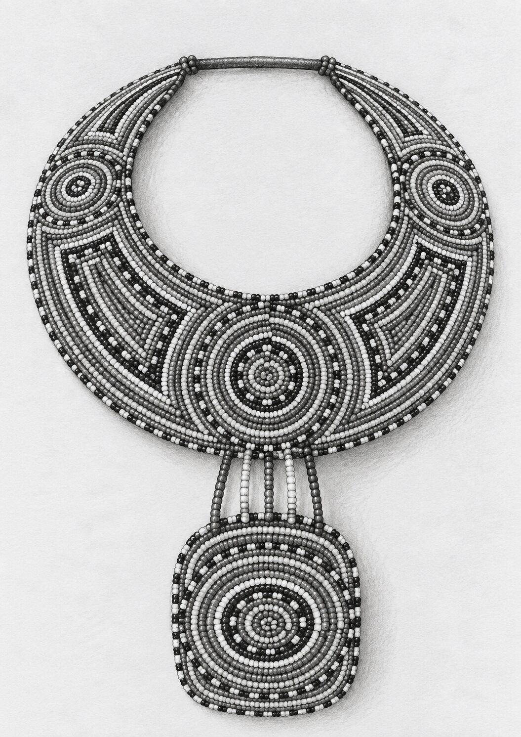 Detailed pencil drawing of a Maasai beaded collar necklace with concentric circular patterns