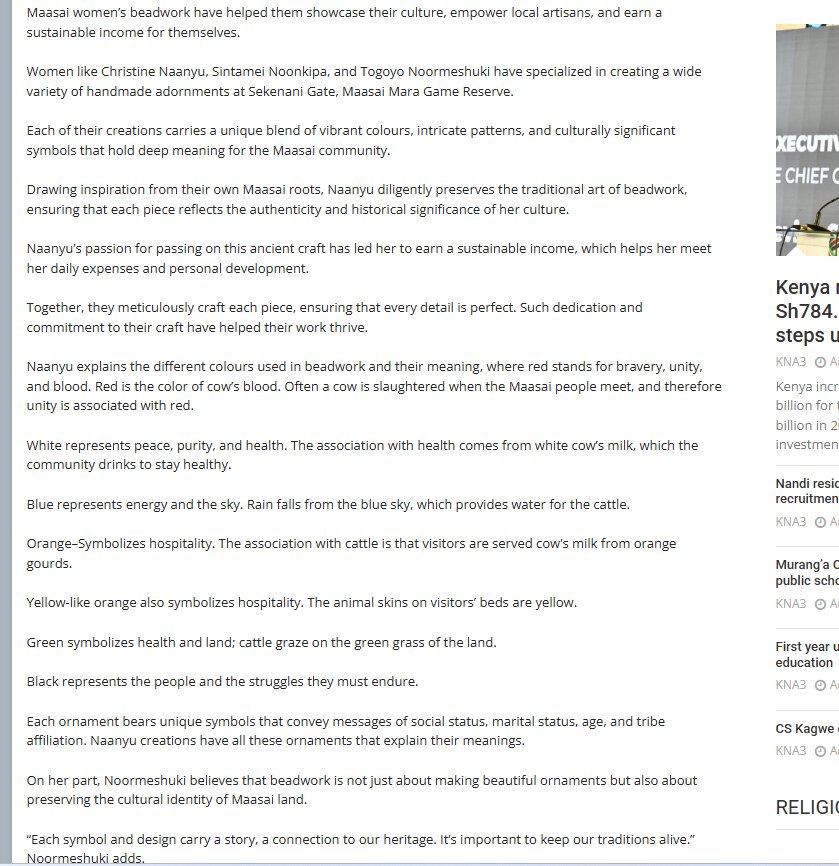 Screenshot of a news article describing the meanings of colours in Maasai beadwork
