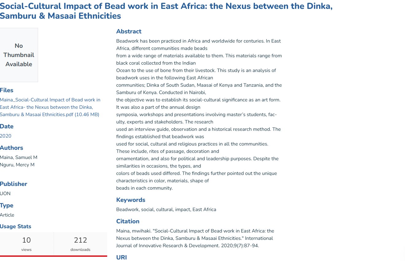 Screenshot of the University of Nairobi repository page for the paper on bead work in East Africa