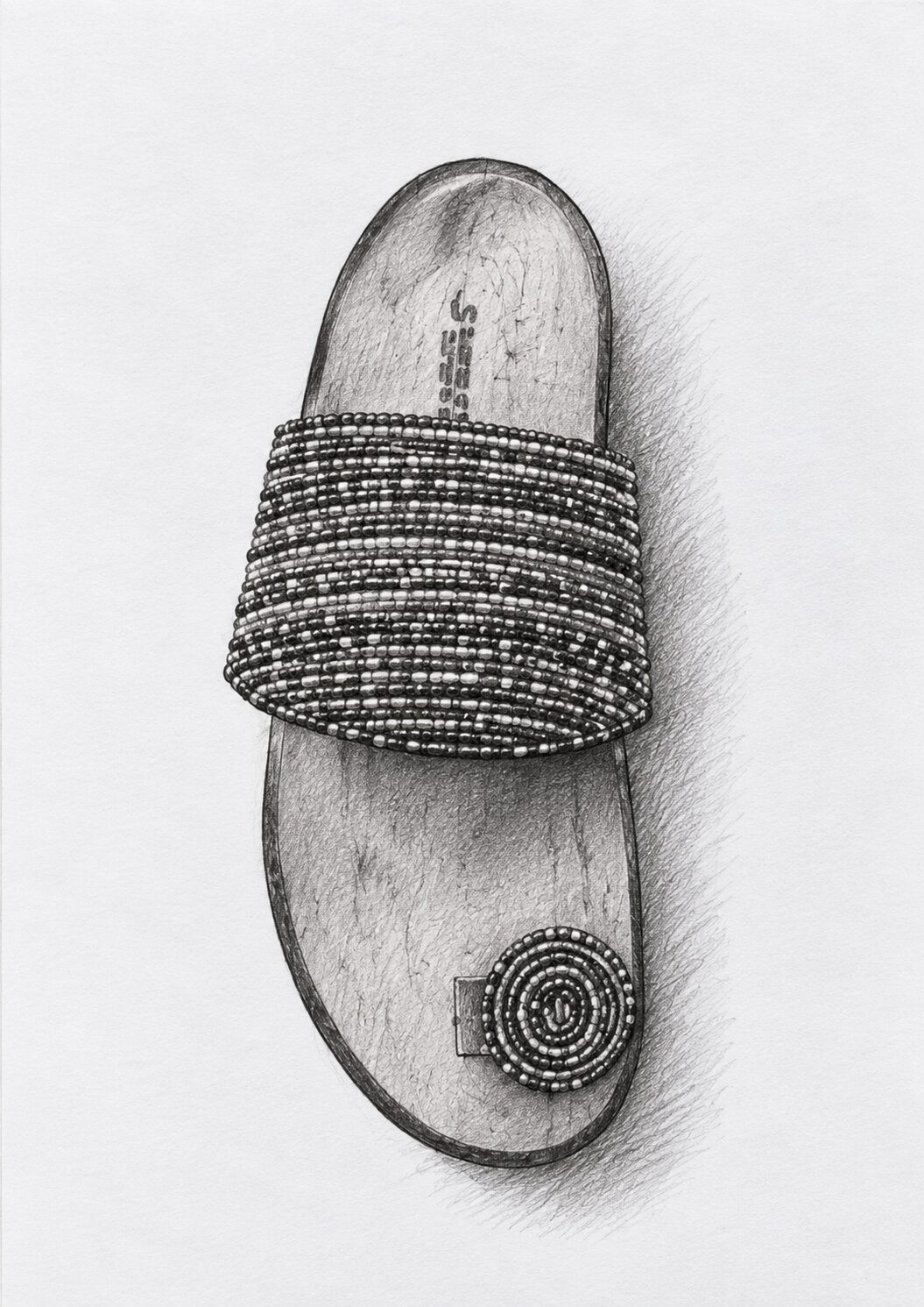 Pencil sketch of a beaded sandal from above, with a patterned strap and a circular beaded disc