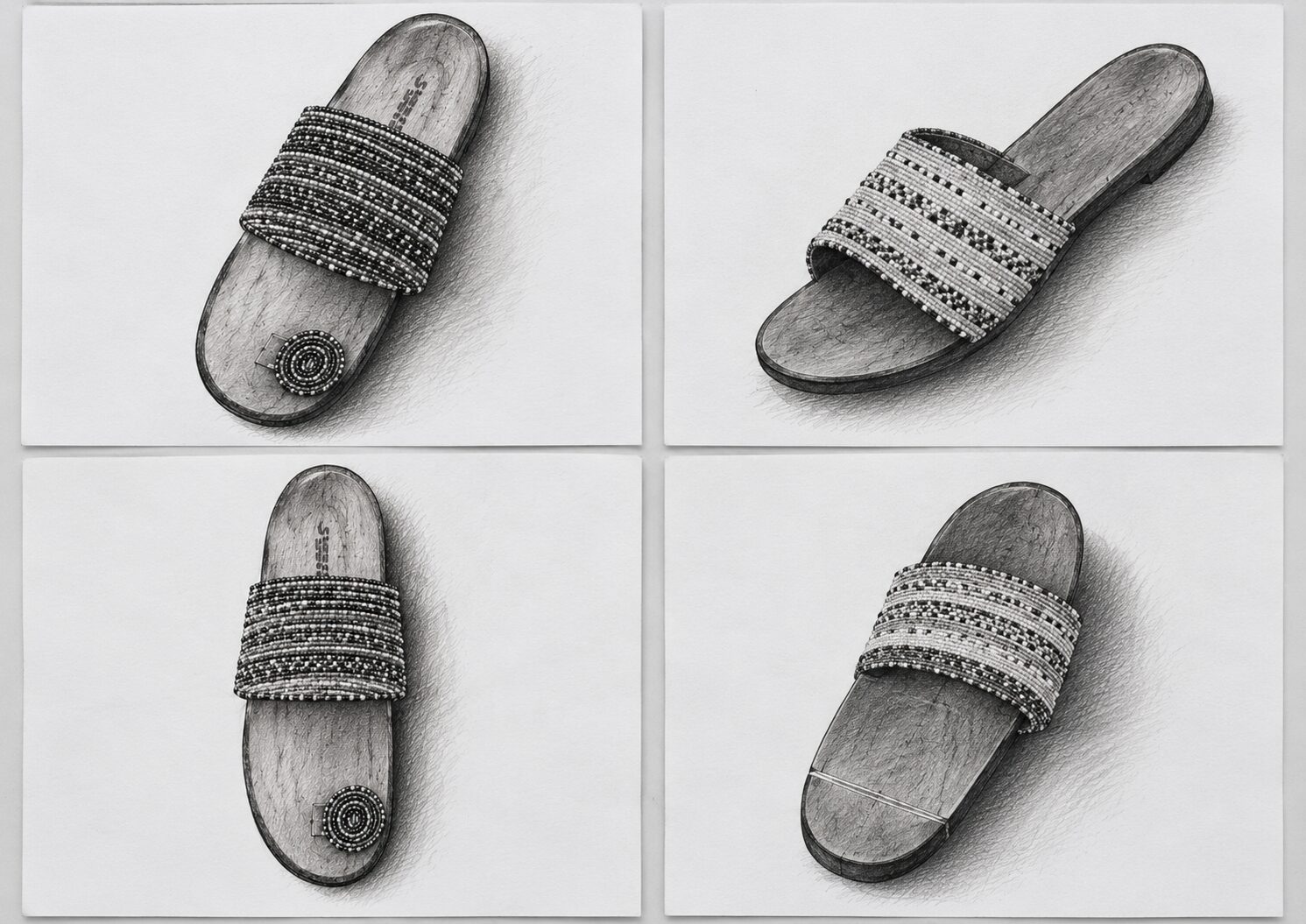 Four pencil sketches of a Maasai-inspired beaded sandal seen from different angles